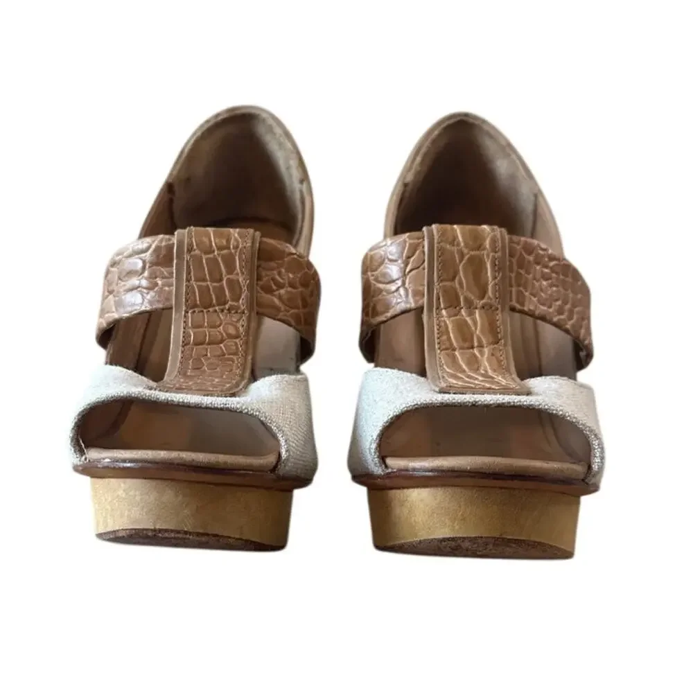 Tory Burch Georgina Linen Platform Heels Croc Leather Peep Toe Sz 9